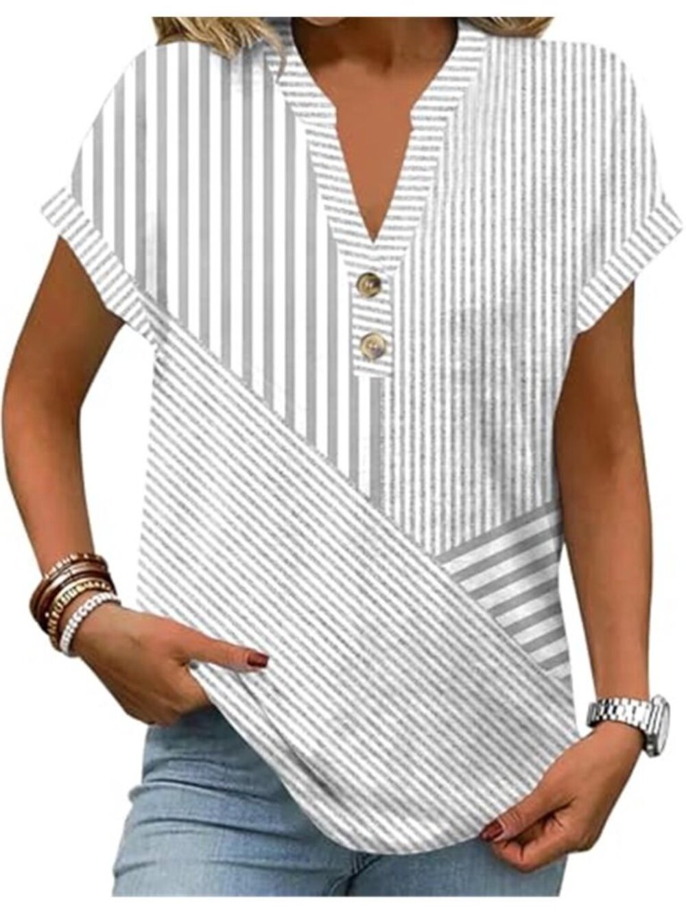Womens V Neck Button Stripe Colorblock Short Sleeve Business Casual Blouse